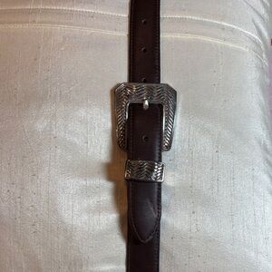 Women's Dark Brown Leather Belt with Textured Silver Buckle